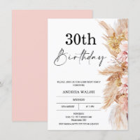 Blush Boho Pampas Grass 30e anniversaire Invitatio