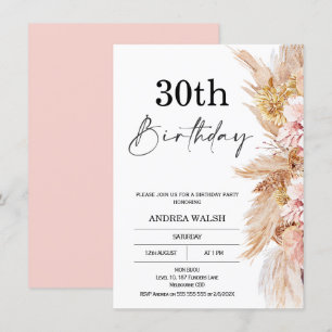 Invitation Blush Boho Pampas Grass 30e anniversaire Invitatio