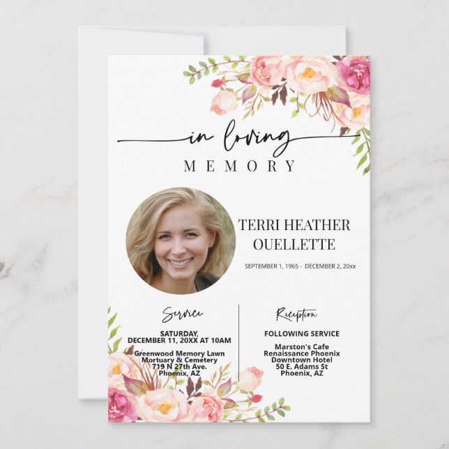 Invitation Blush Boho Photo Funeral Service (Devant)