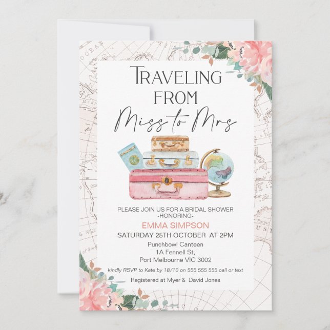 Invitation Blush Boho Voyager Mlle à Mme Fête des mariées (Devant)