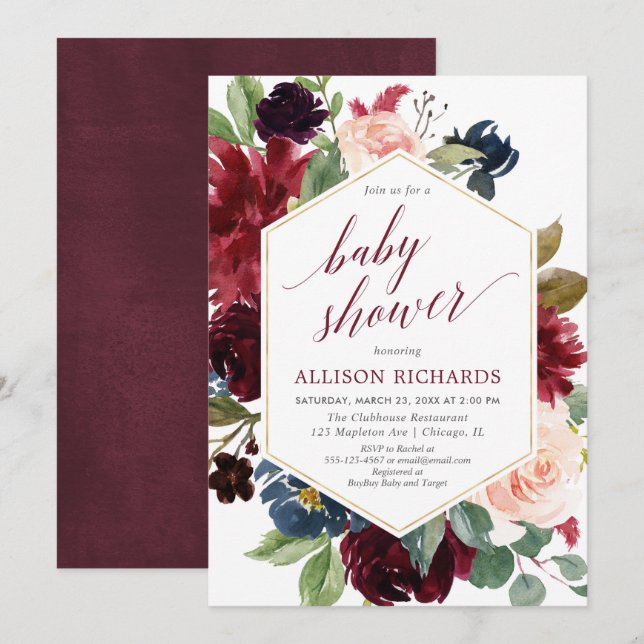 Invitation Blush bordeaux marine bleu fille baby shower flora (Devant / Derrière)
