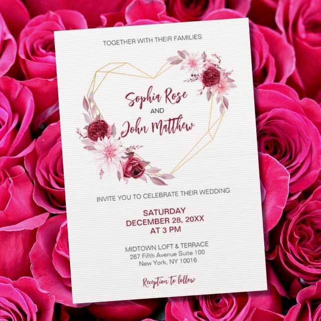Invitation Blush Bourgogne Floral Moderne Géométrique Or Coeu (Créateur téléchargé)