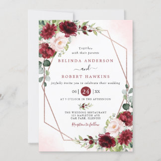 Invitation Blush Bourgogne Floral Moderne Mariage cadre or