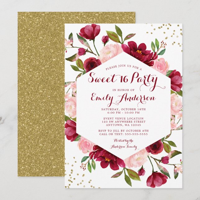 Invitation Blush Bourguignon Floral Moderne Sweet 16 (Devant / Derrière)