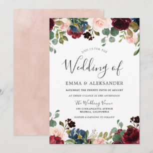Invitation Blush & Burgundy Aquarelle Floral Wedding Invitati