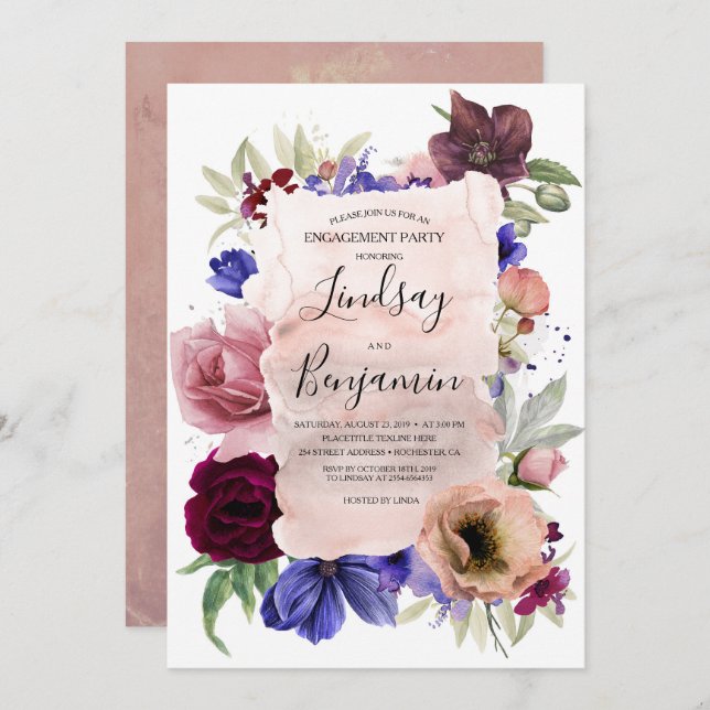 Invitation Blush Burgundy Blue Floral Engagement Party (Devant / Derrière)
