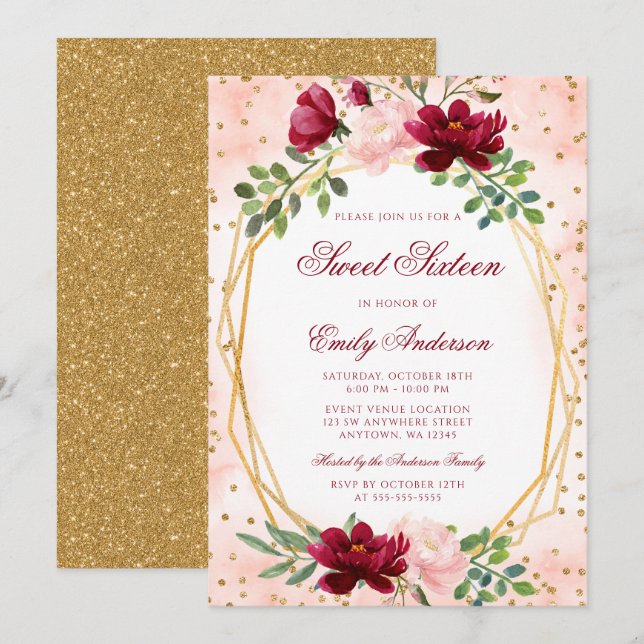 Invitation Blush Burgundy Floral Gold Géométrique Sweet 16 (Devant / Derrière)