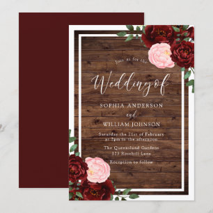 Invitation Blush & Burgundy Red Roses Rustique Mariage en boi