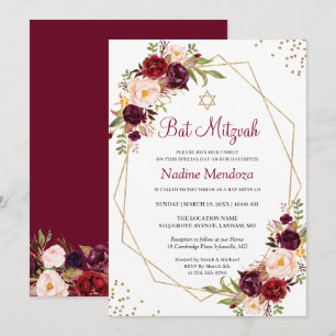 Invitation Blush Burgundy Rouge Floral Bat mitzvah géométriqu