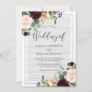 Invitation Blush & Burgundy Rustique Blanc Bois Mariage Flora