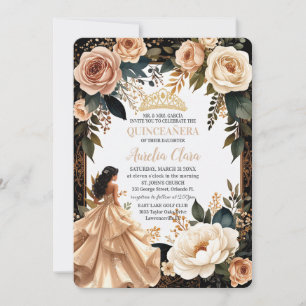 Invitation Blush Champagne Ivory Floral Princess Quinceanera 