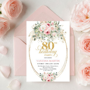 Invitation Blush Chic Floralité Dorée 80e Anniversaire
