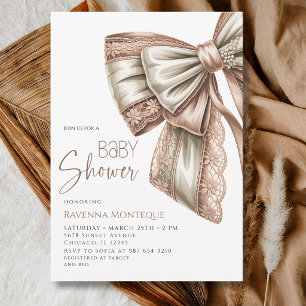 Invitation Blush Crème Dentelle Ruban Perlé Élégant Baby Show