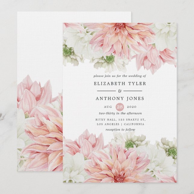 Invitation Blush Dahlias Floral Mariage (Devant / Derrière)