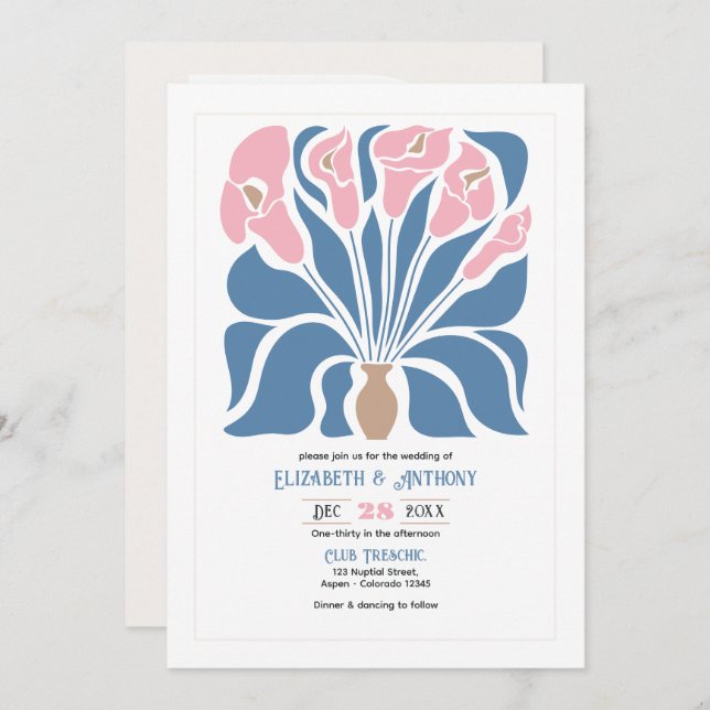 Invitation Blush & Denim Clay Abstract Floral Boho Wedding (Devant / Derrière)