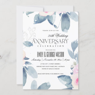 Invitation BLUSH DOUX BLEU FLORAL 25e ANNIVERSAIRE DE TOUTE A
