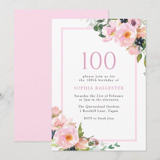 Invitation Blush Dreams Floral Womans 100e fête d'anniversair (Devant / Derrière)