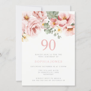 Invitation Blush Dusty Rose Floral 90h fête d'anniversaire
