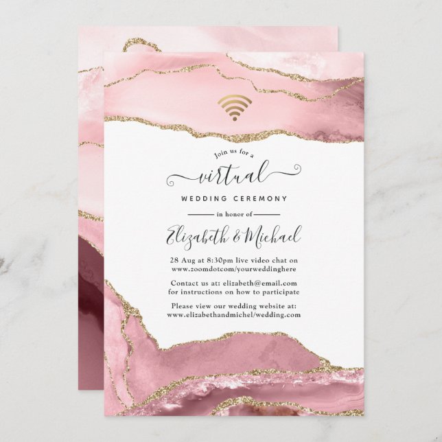 Invitation Blush et Gold Agate Mariage virtuel en ligne (Devant / Derrière)