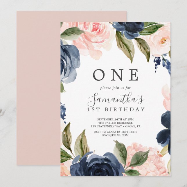 Invitation Blush et les fleurs de marine Première année de la (Devant / Derrière)