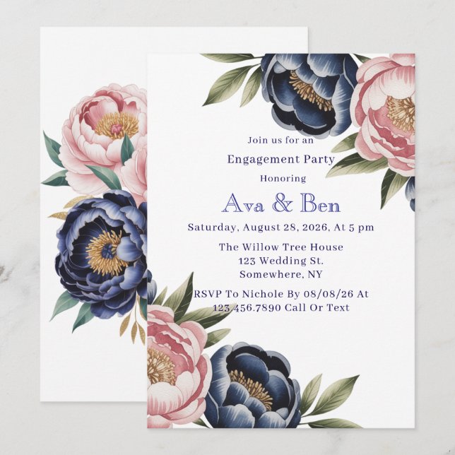 Invitation Blush et Navy Blue Peony (Devant / Derrière)