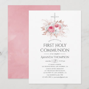Invitation Blush et Rose Gold Floral Première communion saint
