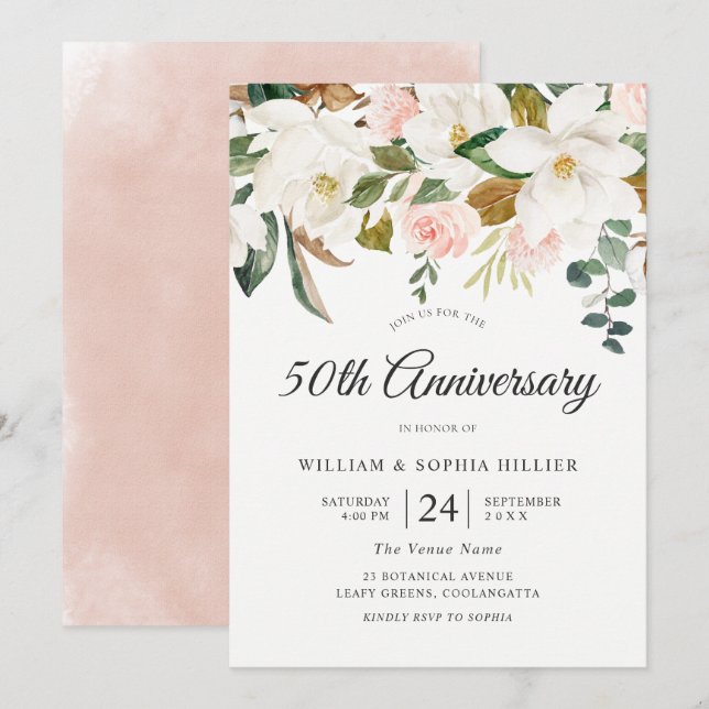 Invitation Blush & Fleurs Blanches 50e Anniversaire de Mariag (Devant / Derrière)