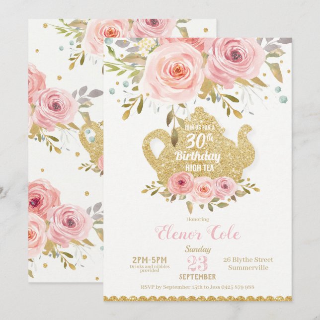 Invitation Blush Floral 30e anniversaire High Tea Party N'IMP (Devant / Derrière)