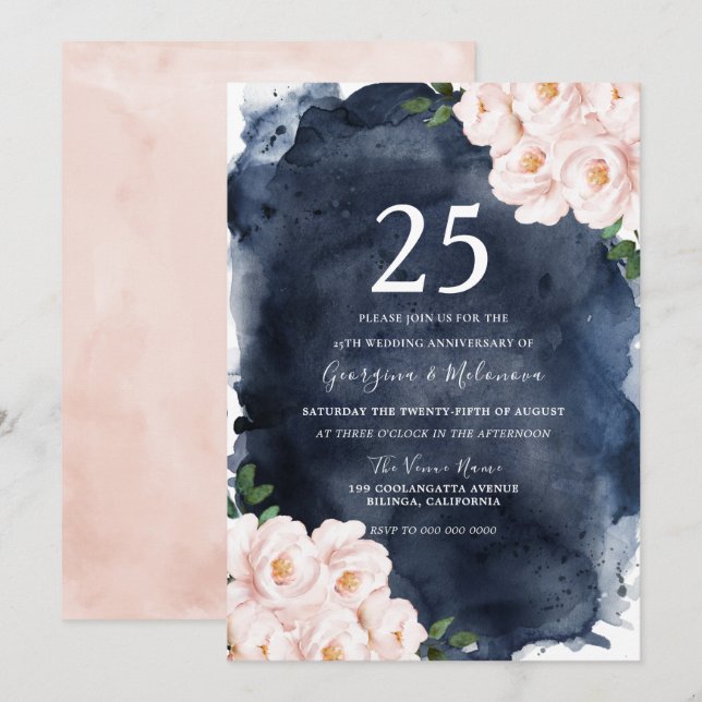 Invitation Blush Floral Aquarelle Navy 25e Anniversaire (Devant / Derrière)