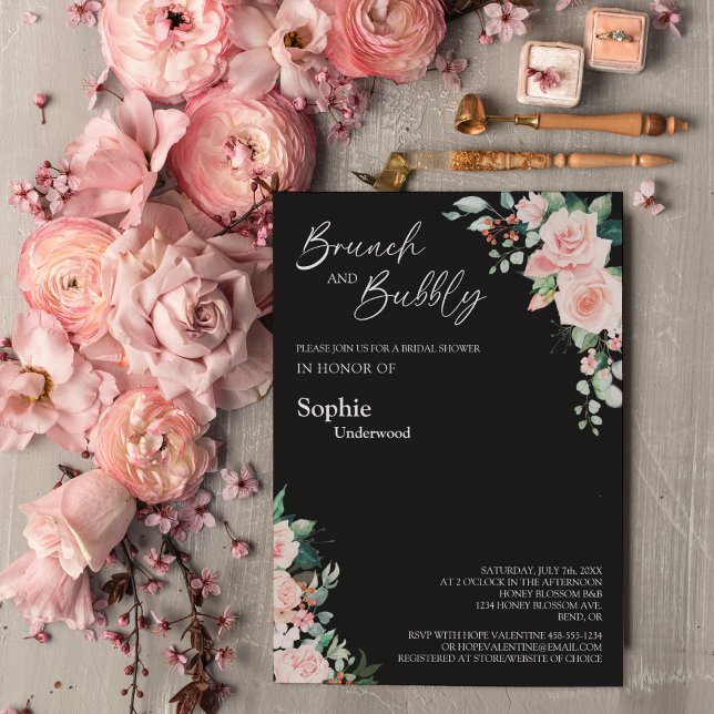 Invitation Blush Floral Black Bridal Brunch Et Bubbly (Créateur téléchargé)