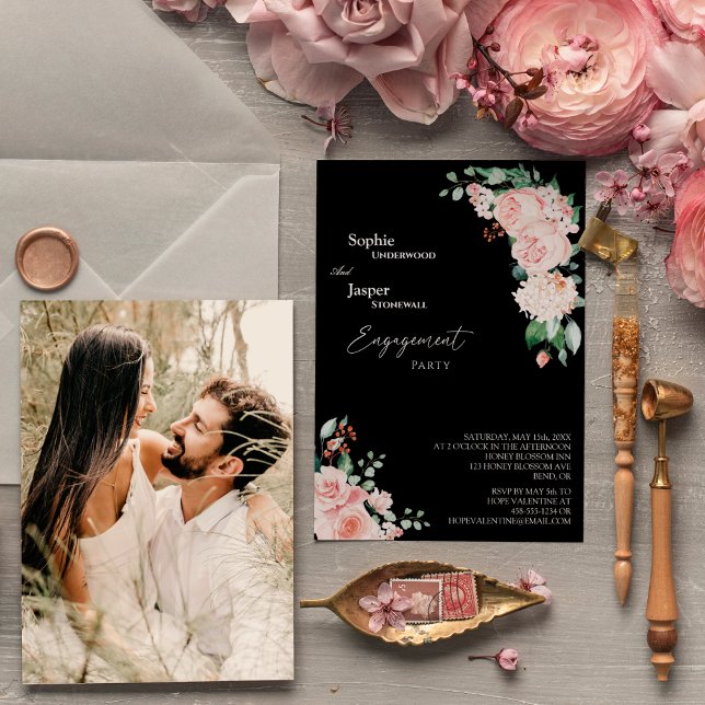Invitation Blush Floral Black Photo Party (Créateur téléchargé)