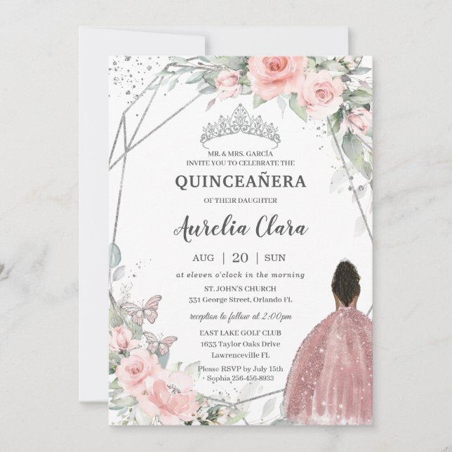 Invitation Blush Floral Brown Princess Butterfly Quinceañera (Devant)
