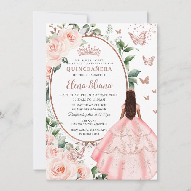 Invitation Blush Floral Brown Princess Rose Gold Quinceañera (Devant)