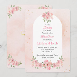 Invitation Blush Floral Christian Baby Shower with Gold Cross