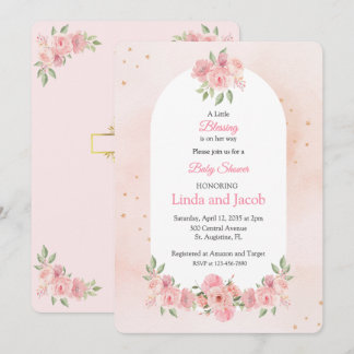 Invitation Blush Floral Christian Baby Shower with Gold Cross
