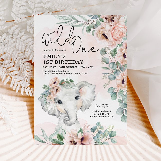 Invitation Blush Floral Elephant Wild Un 1er anniversaire fil (Créateur téléchargé)