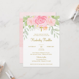 Invitation Blush Floral et Gold Foil Girls Baptism Communion