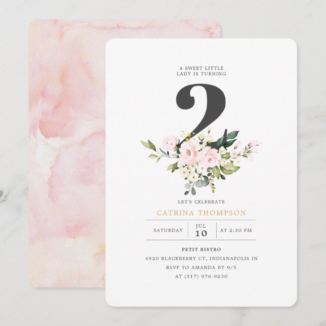 Invitation Blush Floral & Eucalyptus Fille 2e fête d'annivers (Devant / Derrière)