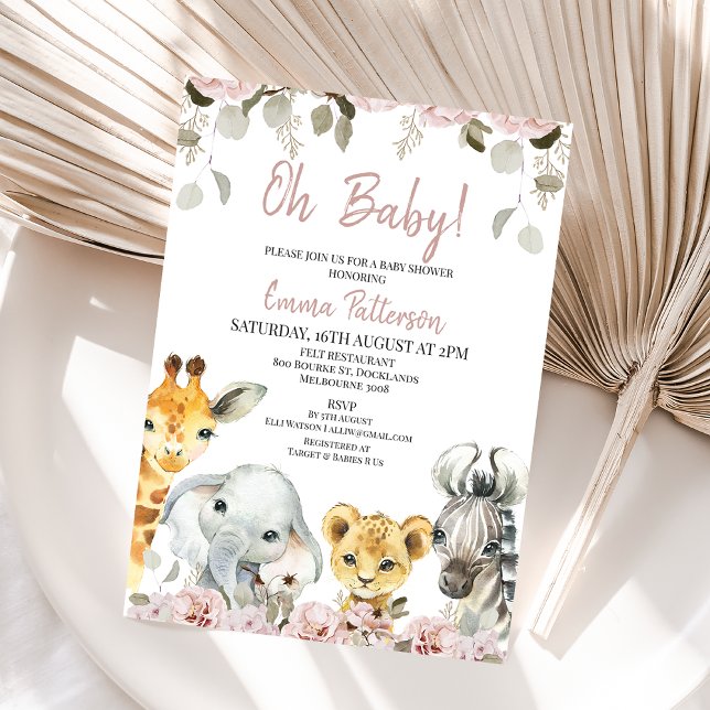 Invitation Blush Floral Eucalyptus Safari Baby shower (Girls safari themed baby shower invitation featuring four cute animals and blush floral arrangements)