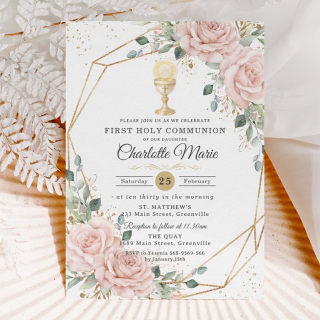 Invitation Blush Floral First Holy Communion Gold Chalice (Créateur téléchargé)