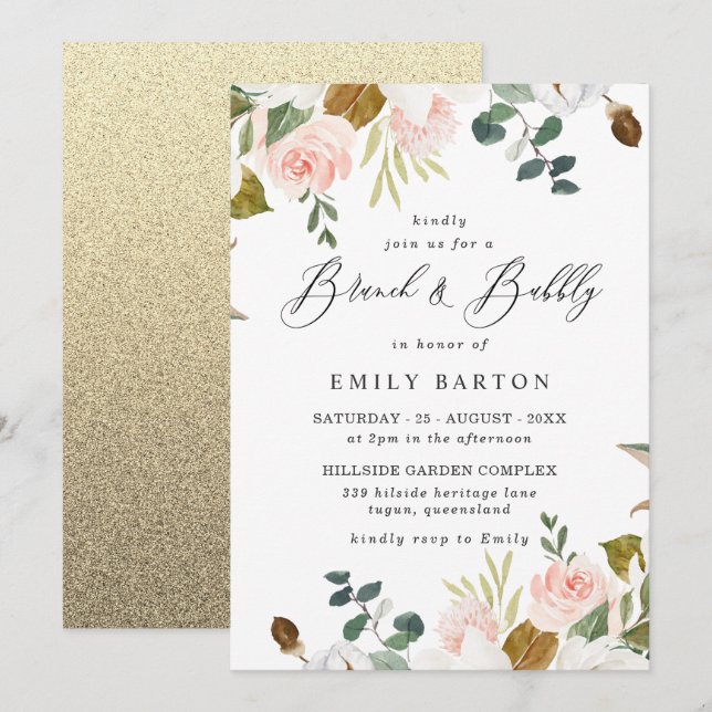Invitation Blush Floral & Gold Fête des mariées Brunch & Bubb (Devant / Derrière)