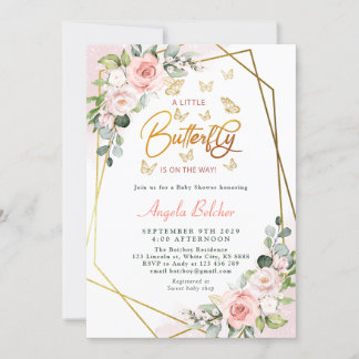 Invitation Blush Floral Gold Un petit Baby shower à papillon
