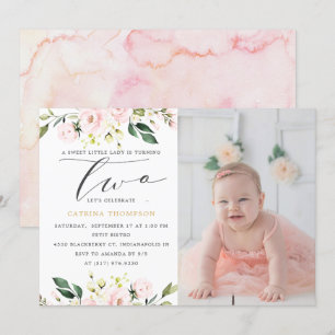 Invitation Blush Floral Greenery Girl 2e anniversaire Photo