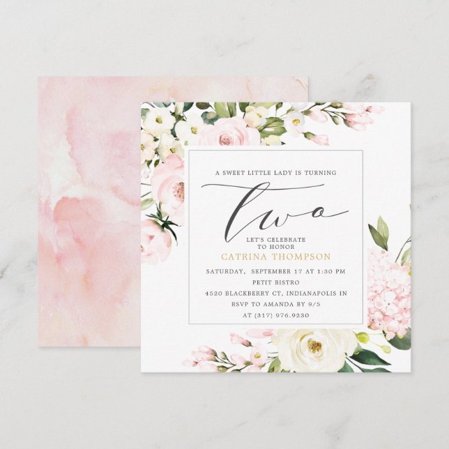 Invitation Blush Floral Greenery Girl 2e fête d'anniversaire (Devant / Derrière)