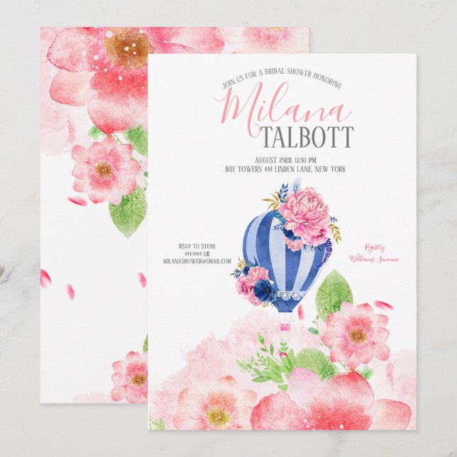Invitation Blush Floral Hot Air ballon nuptiale douche (Devant / Derrière)