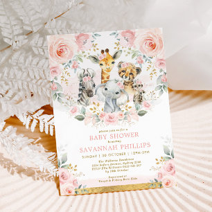 Invitation Blush Floral Jungle Safari Animaux Baby shower