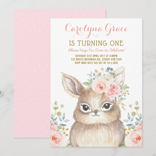 Invitation Blush Floral Lapin Lapin Lapin Lapin 1er Anniversa (Devant / Derrière)
