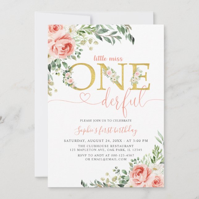 Invitation Blush Floral Little Onederful Girl 1er anniversair (Devant)