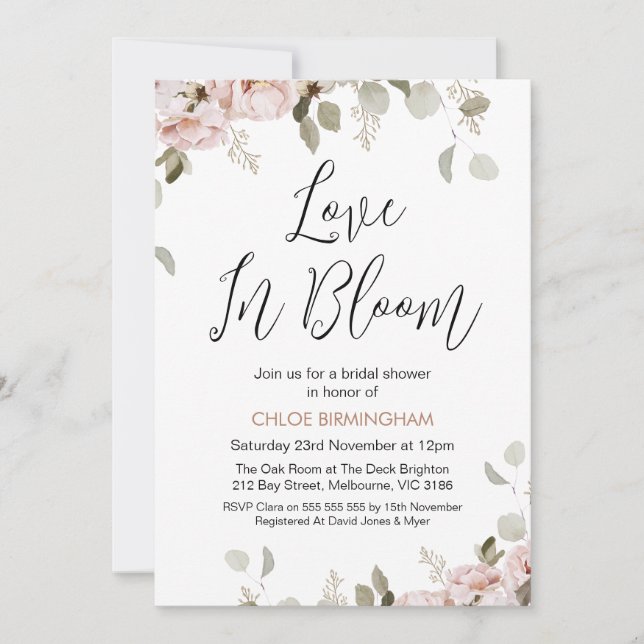 Invitation Blush Floral Love in Bloom Fête des mariées (Devant)