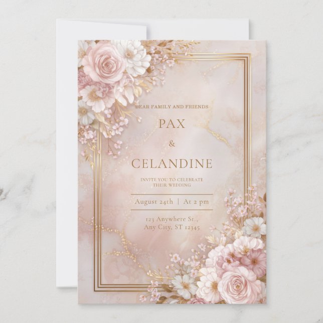 Invitation Blush Floral Marble Gilded Frame Wedding (Devant)